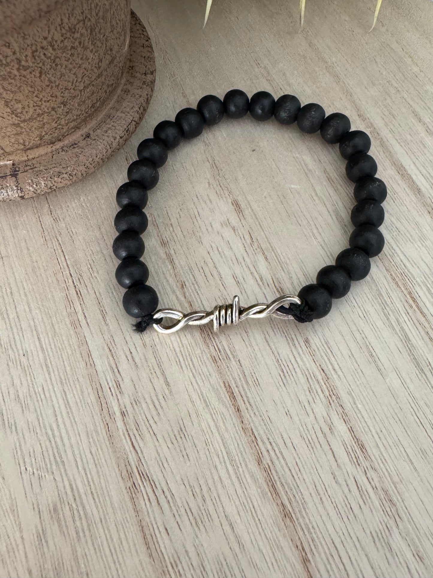 Black Wood Bead Bracelet with Crown of Thorns Design