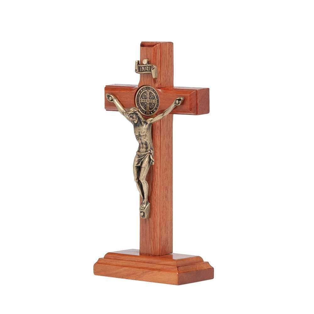 Wooden Saint Benedict Cross with Stand – Catholic Home Altar & Faith Decor