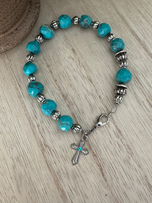 Handmade Rosary Bracelet – Blue & Teal Beads with Silver Cross Charm (8 Inches)