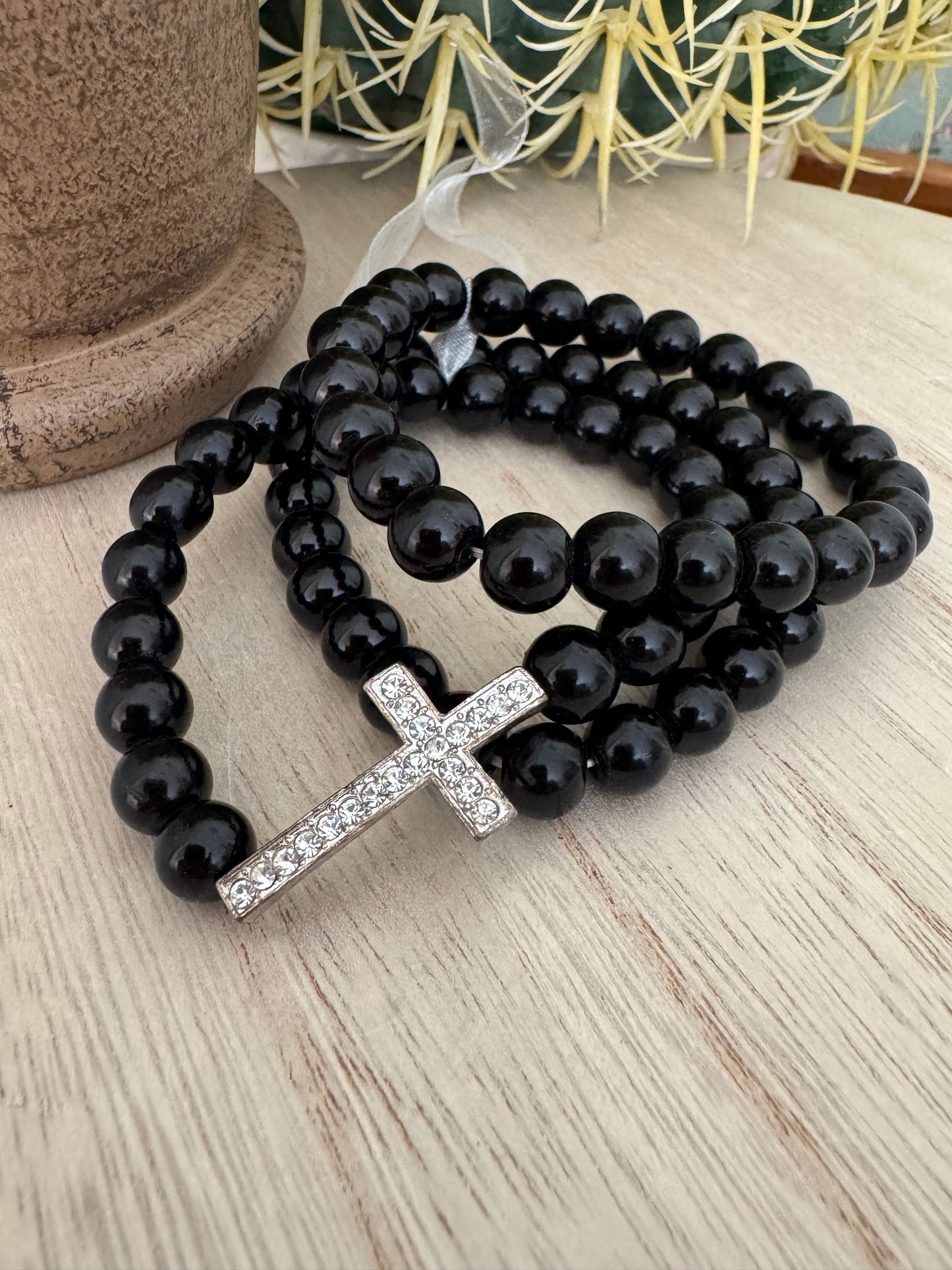 Black Stretch Bead Bracelet with Rhinestone Cross
