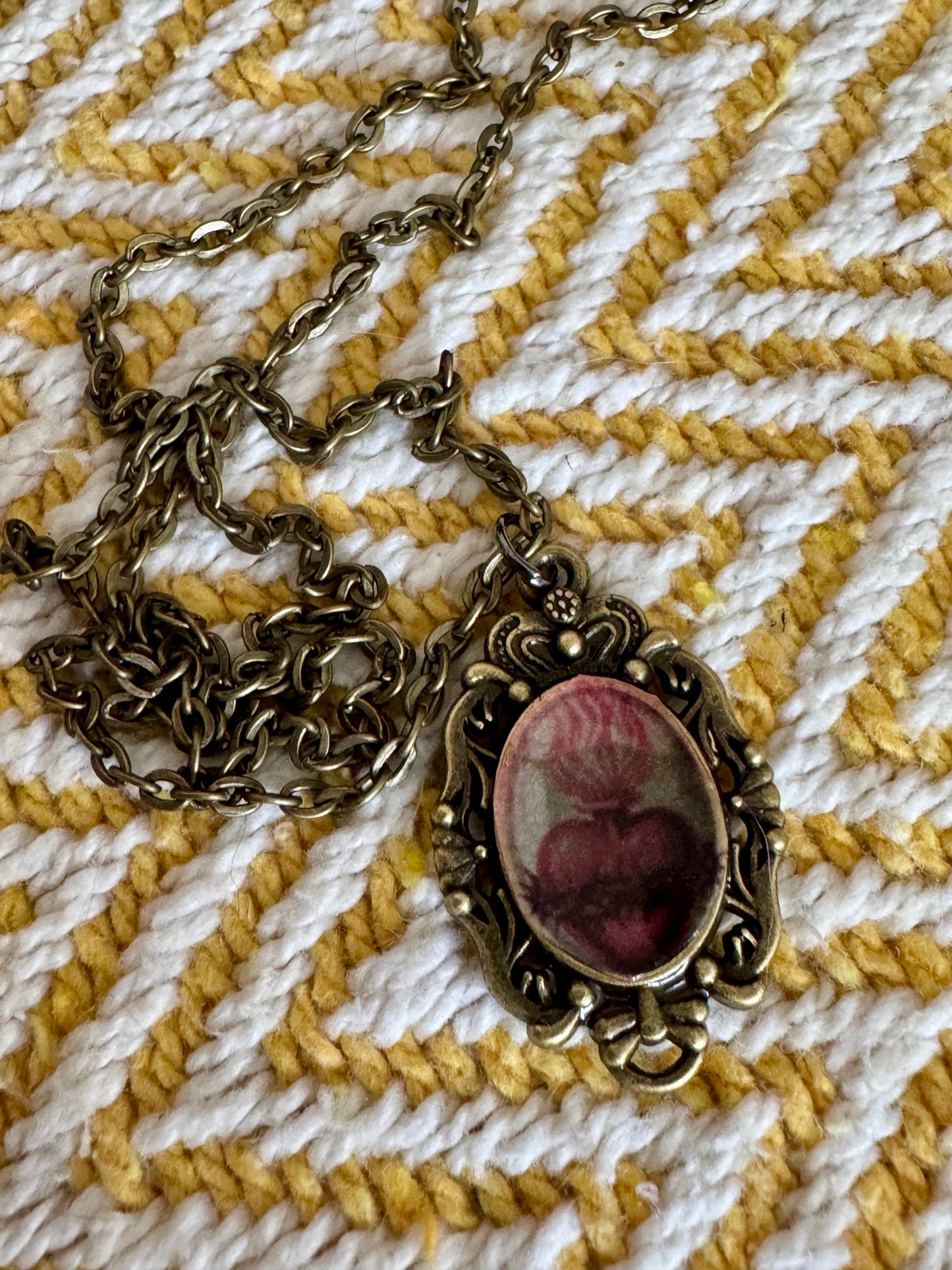 20” Vintage Bronze Catholic Sacred Heart Image Necklace
