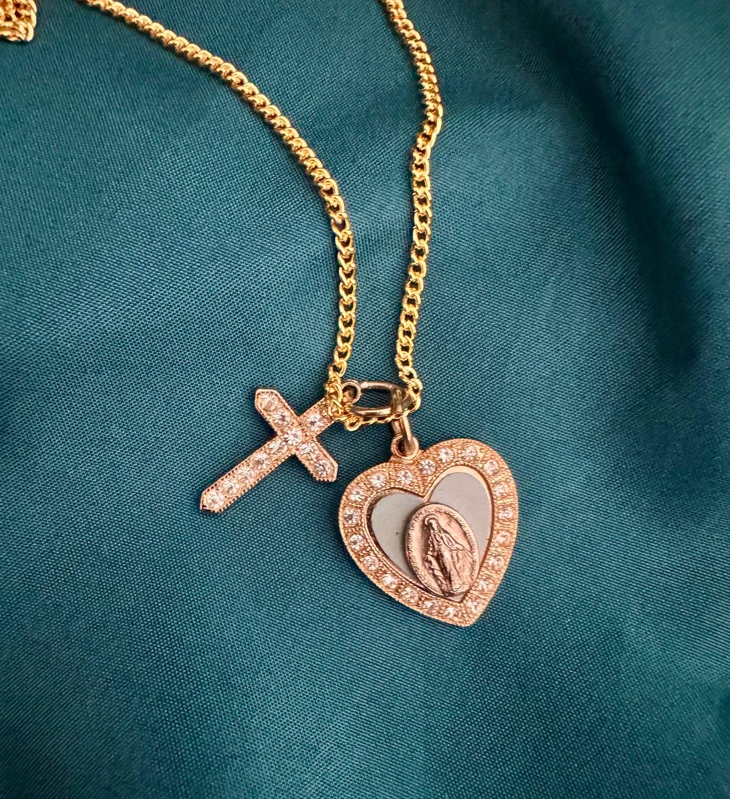 Gold and Blue Heart-Shaped Miraculous Medal Necklace with Rhinestone Cross