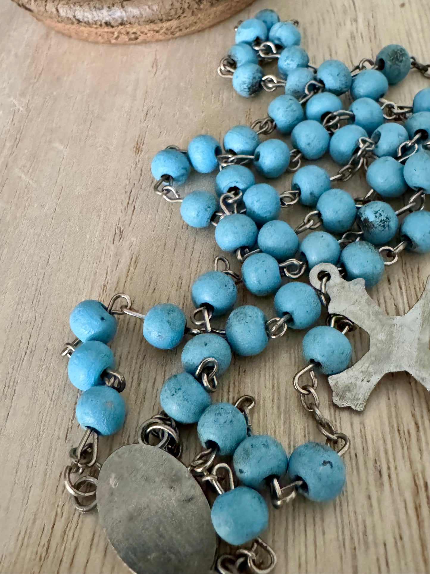 Vintage 1950s Baby Blue Wooden Bead Rosary – Baptism & Holy Spirit Centerpiece – 20 Inches
