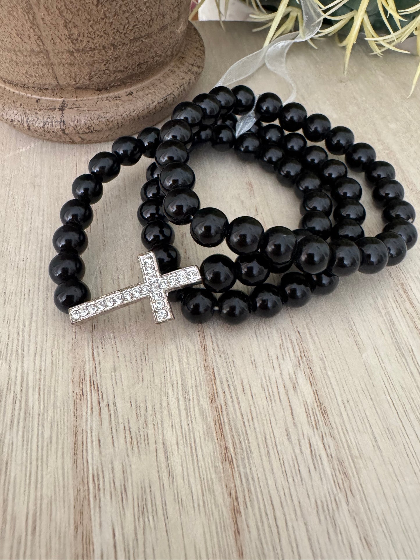 Black Stretch Bead Bracelet with Rhinestone Cross