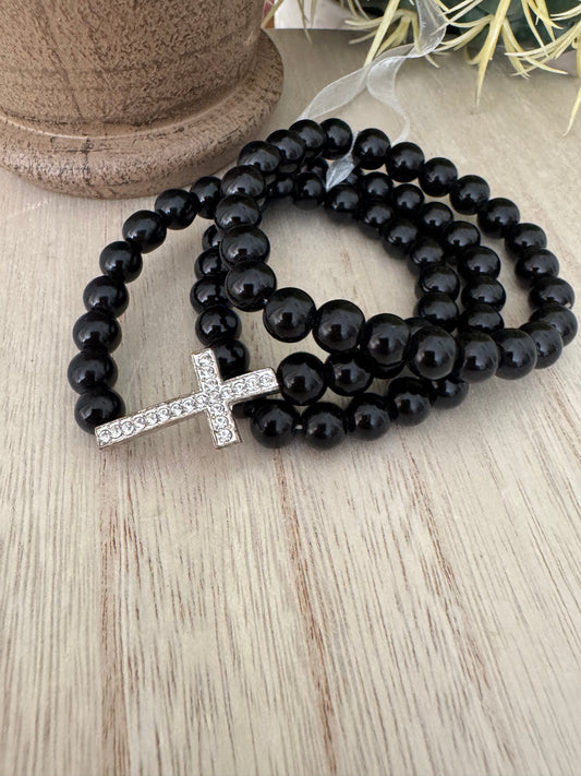 Black Stretch Bead Bracelet with Rhinestone Cross