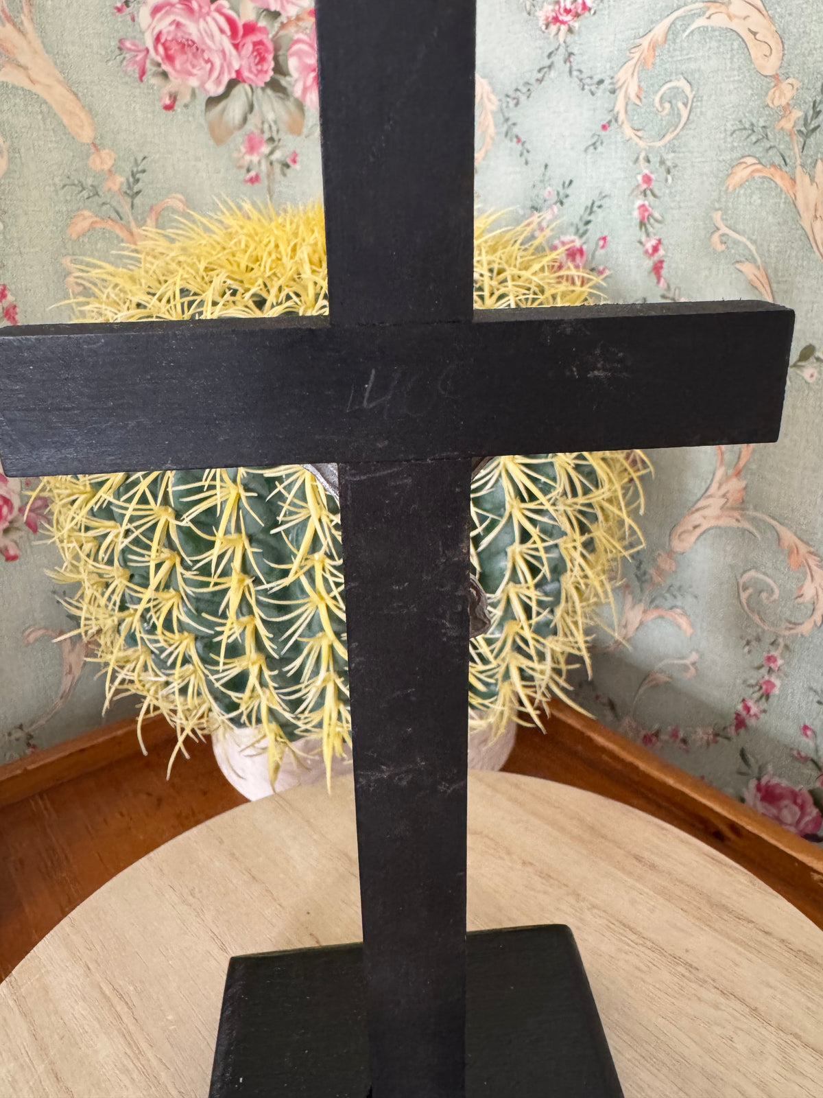 Vintage Black Wooden Memento Mori Crucifix, Freestanding or Wall Hanging, 9.5"