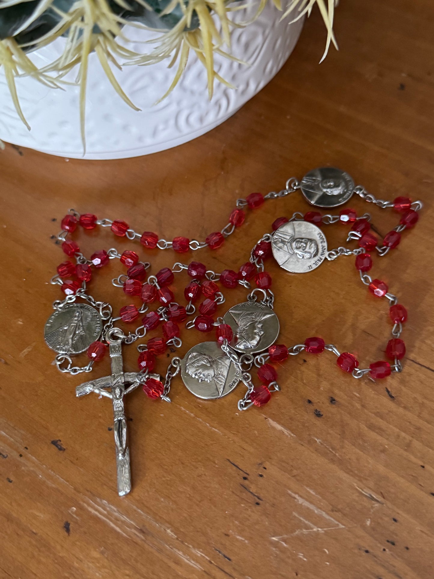 Red Plastic Bead Rosary with Pope John Paul II Centerpiece