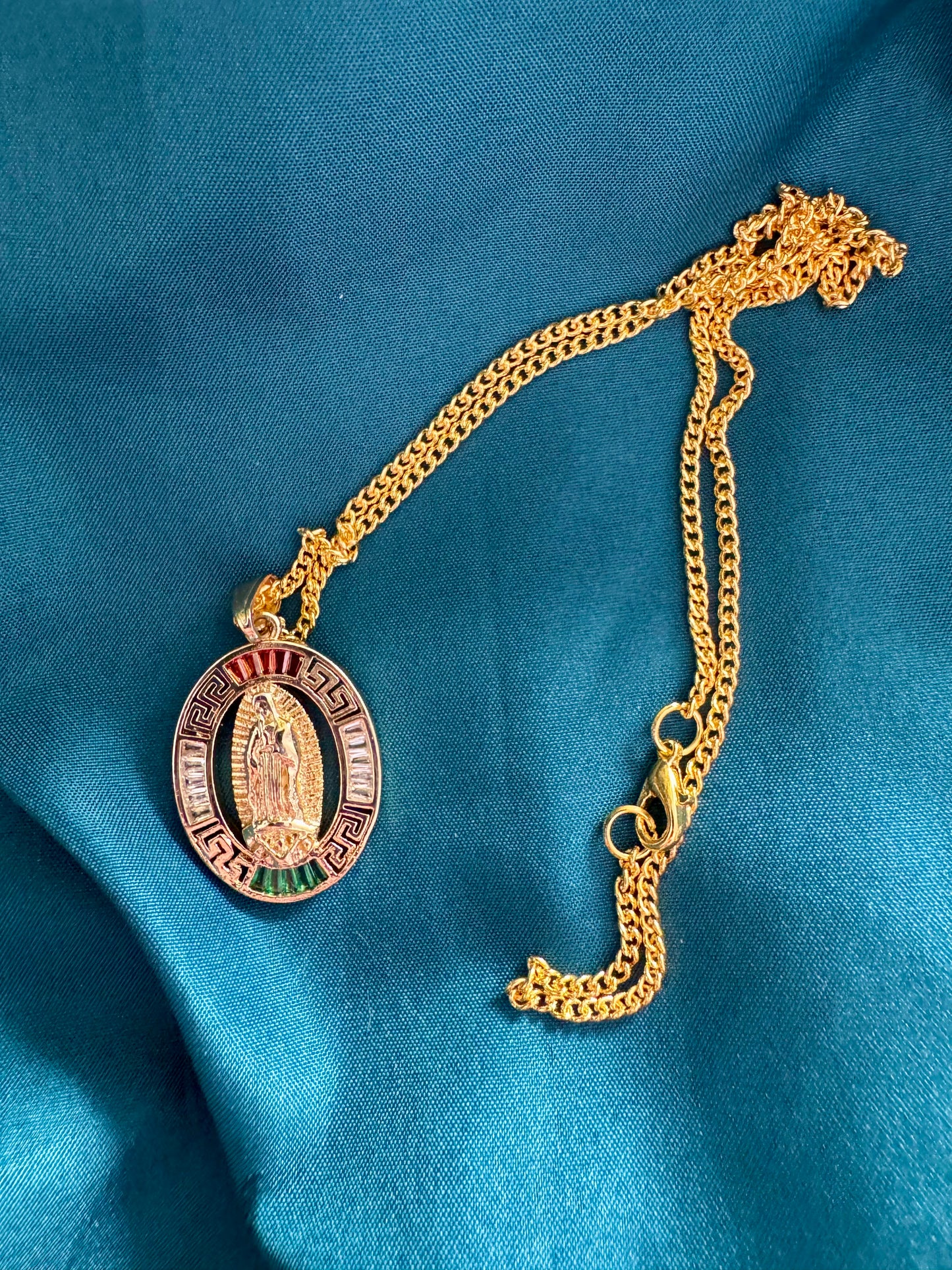 Our Lady of Guadalupe Necklace – Gold-Colored Metal with Red, White, and Green Accents