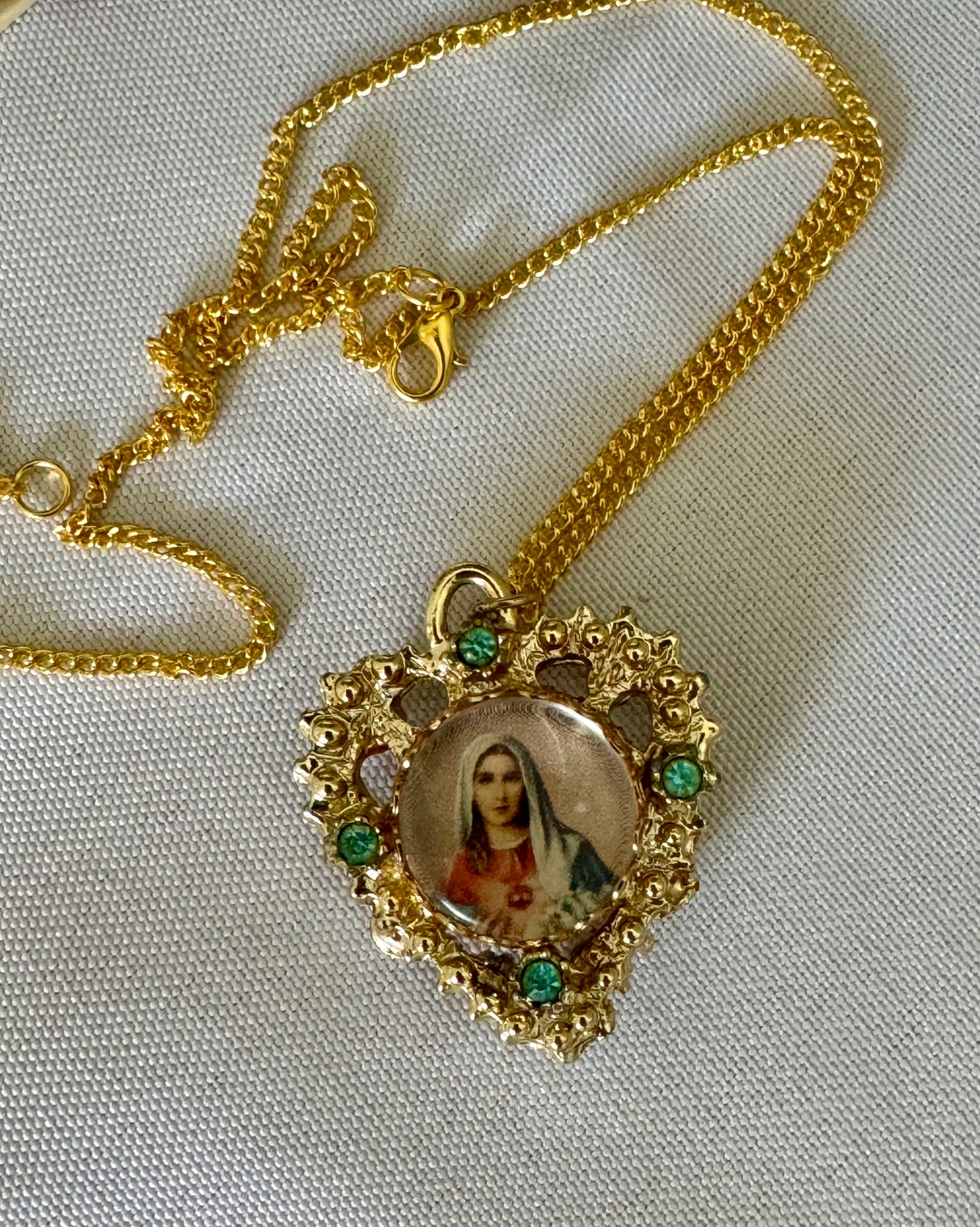 Vintage Blue & Green White Heart shaped Sacred Heart & Immaculate Heart Necklace