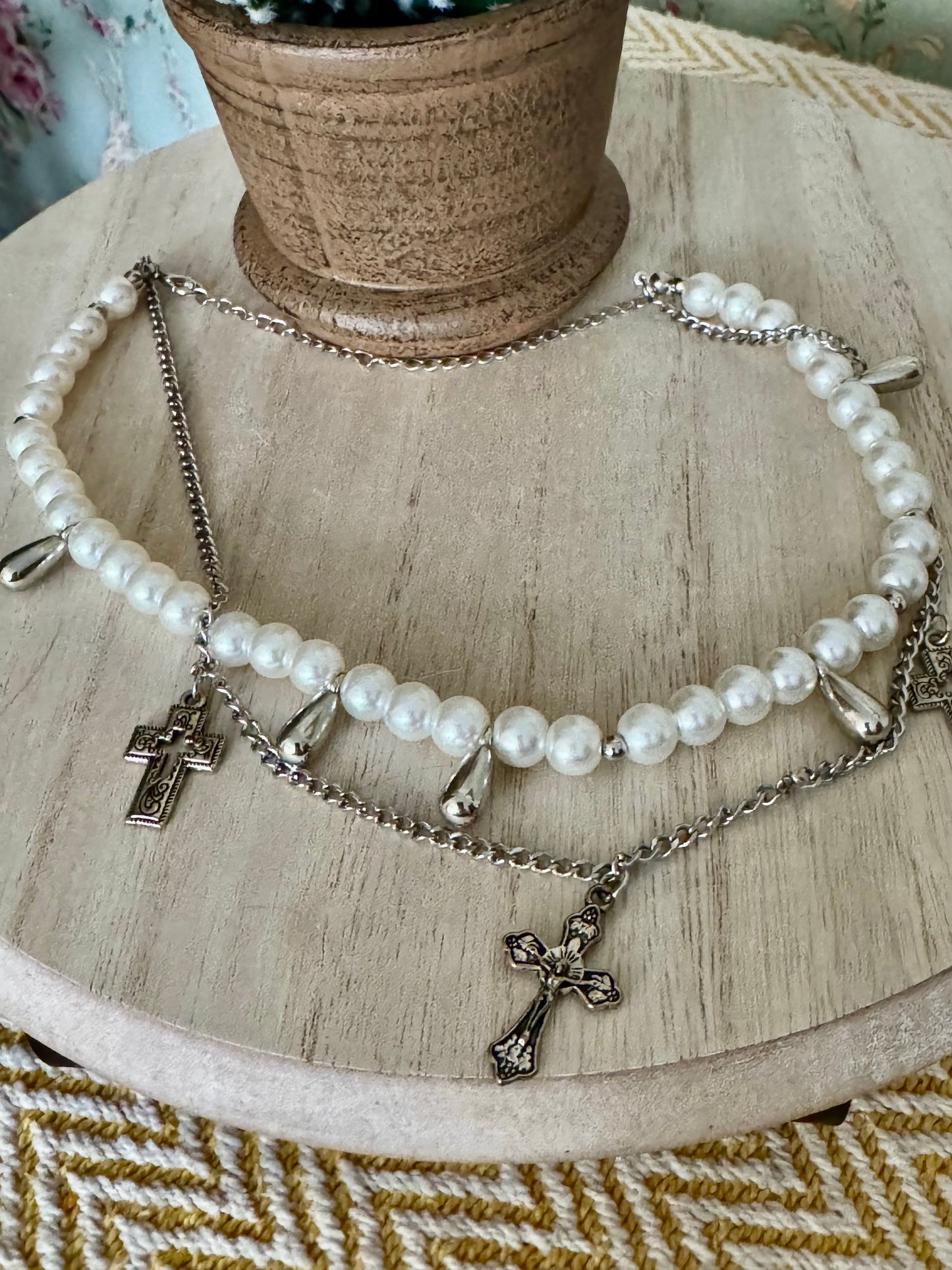 Faux White Bead Necklace with Silver Cross Charms – Adjustable Youth & Kids Necklace