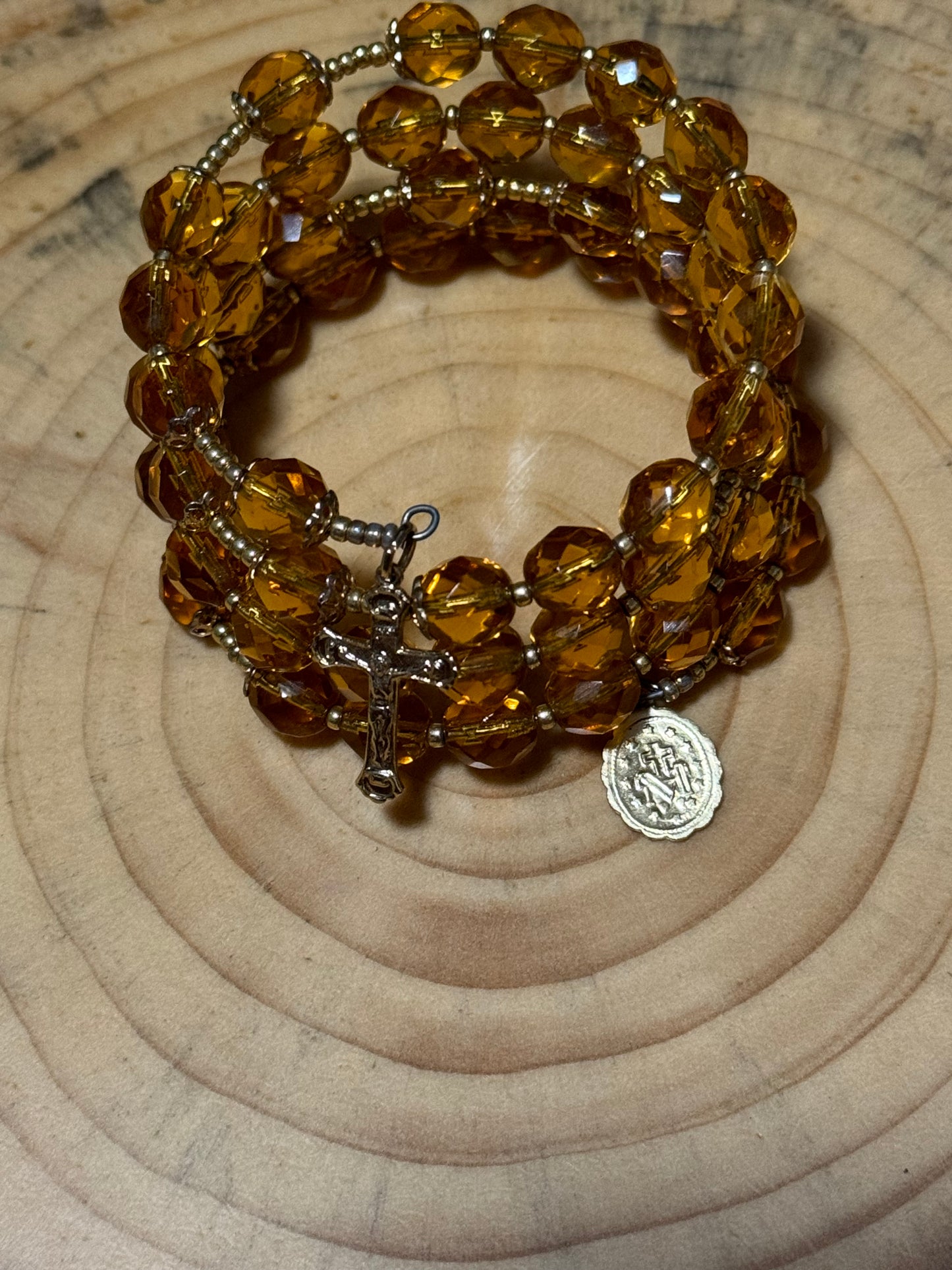 Orange wire wrap rosary bracelet