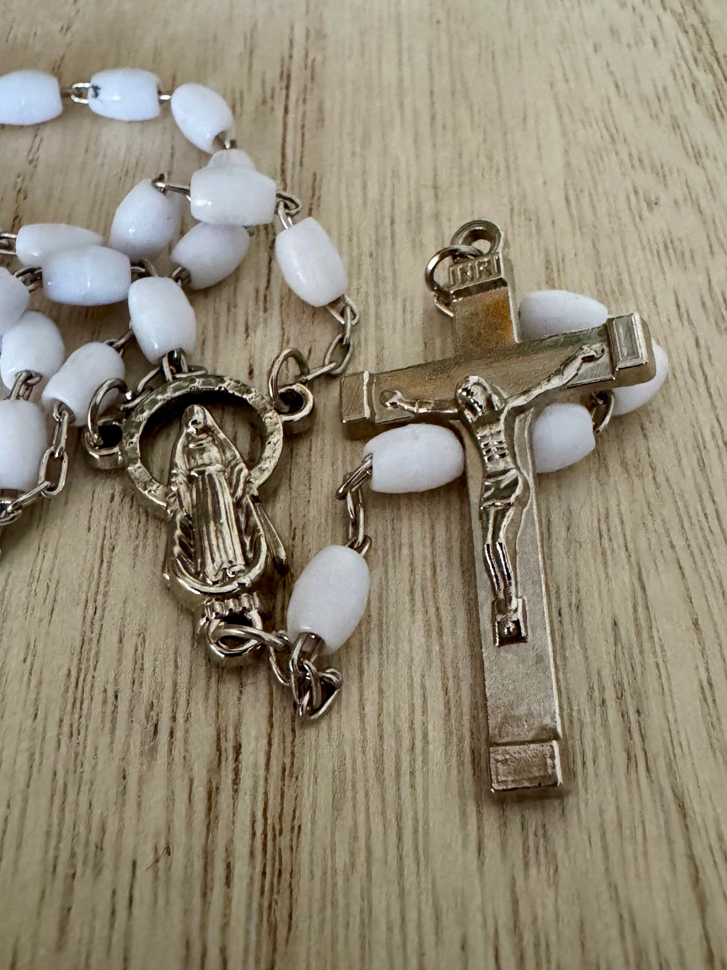 White Plastic Bead Rosary with Silver Accents