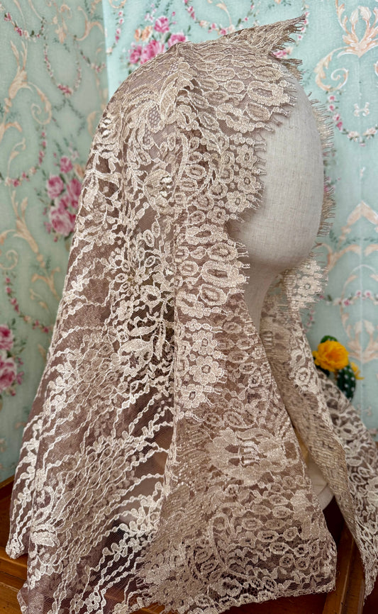 Natural Infinity Veil or Mantilla • Italian Floral Mesh Lace • Lightweight • No Clip