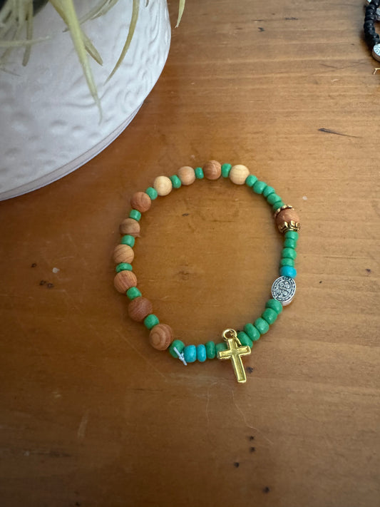 Handmade Light Wood Rosary Bracelet with Green Spacers & St. Benedict Medal