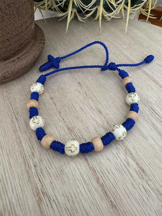 Adjustable Blue Cord Bracelet with Cross Beads