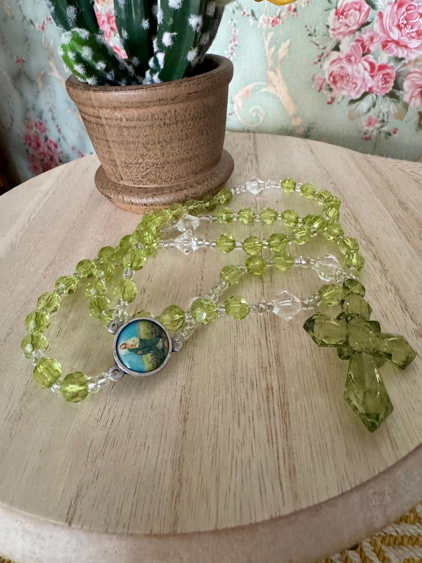 Handmade Green Crystal-Like Bead Rosary with St. Jude Center – 18 Inches