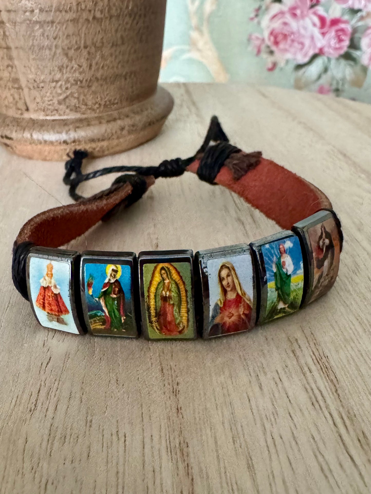 Adjustable Holy Image Bracelet on Leather & Braided Rope