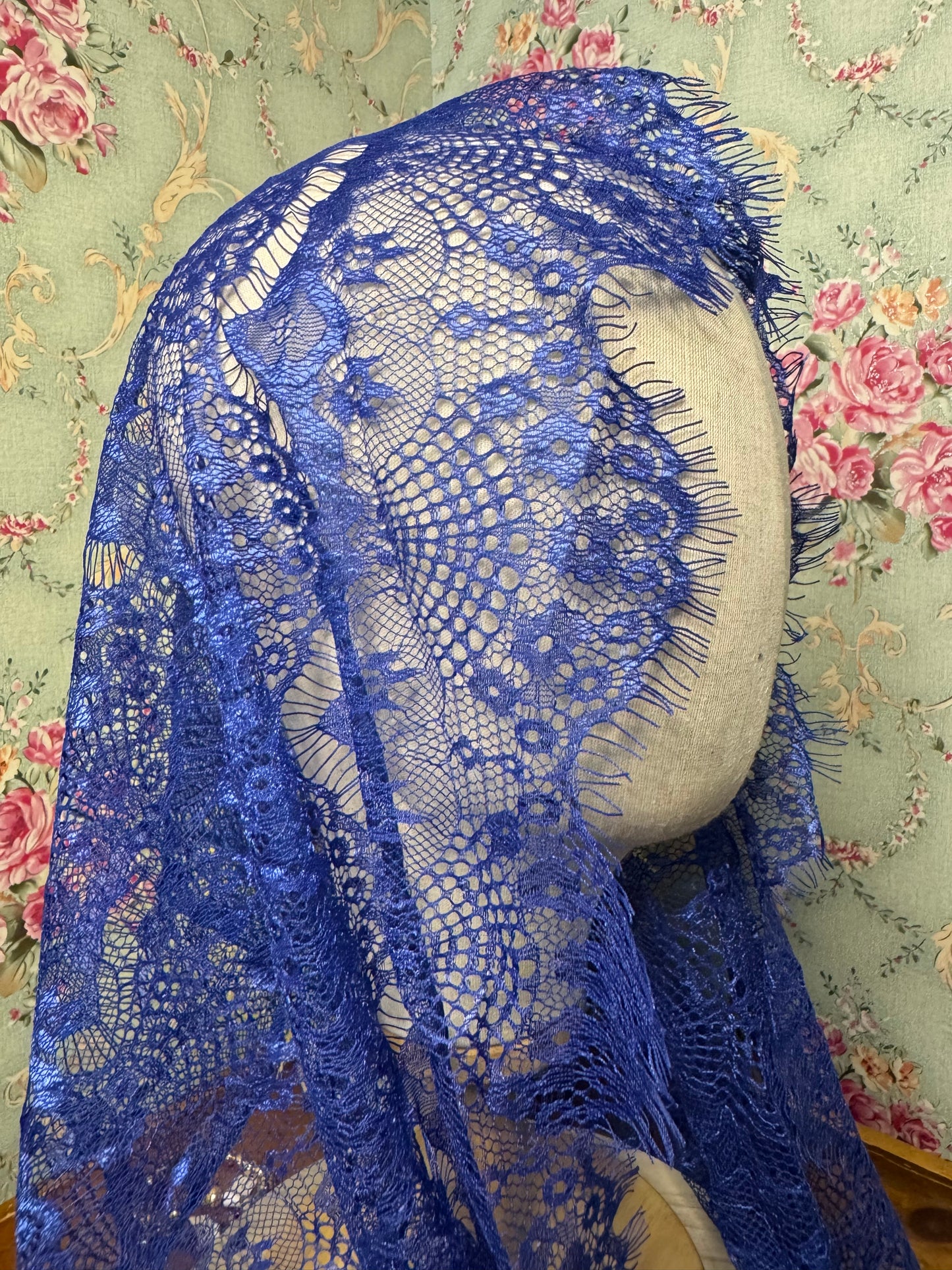 Youth Fatima Blue Lace Infinity Chapel Veil – Eyelash Lace | 18.5x22 | Handmade