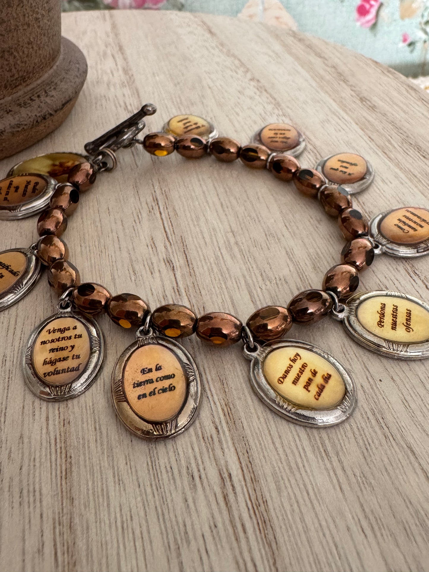 Handmade Vintage Charm Bracelet – Gold Oval Beads – Jesus & “Padre Nuestro” Prayer Charms (Spanish)
