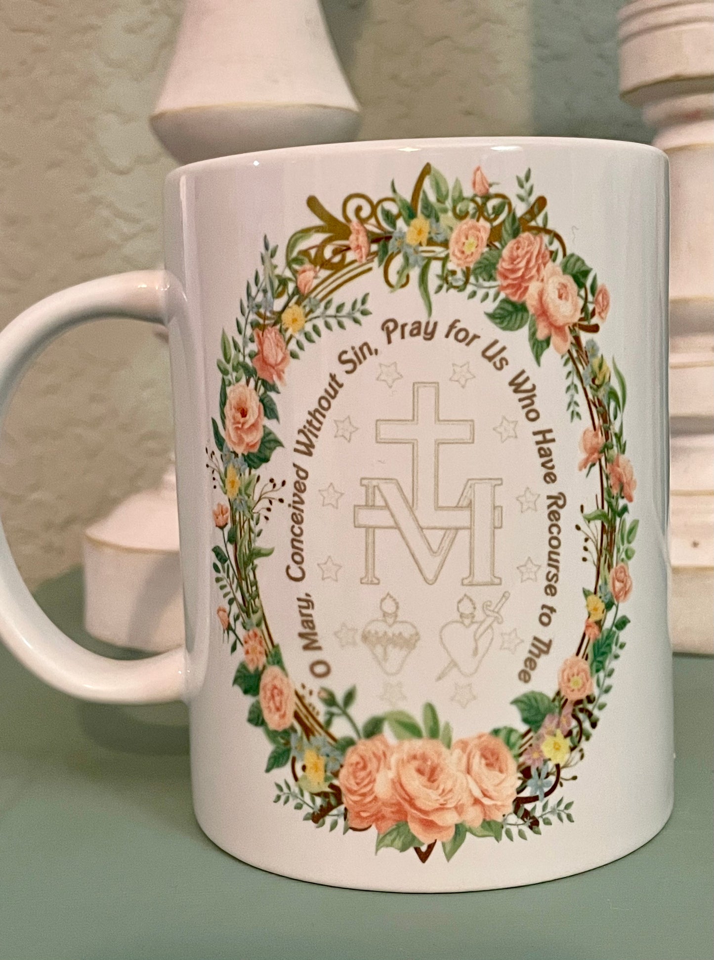 Miraculous Medal & Floral 15oz Coffee Mug