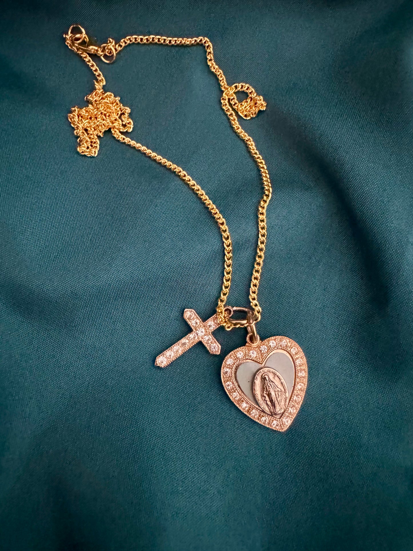 Gold and Blue Heart-Shaped Miraculous Medal Necklace with Rhinestone Cross