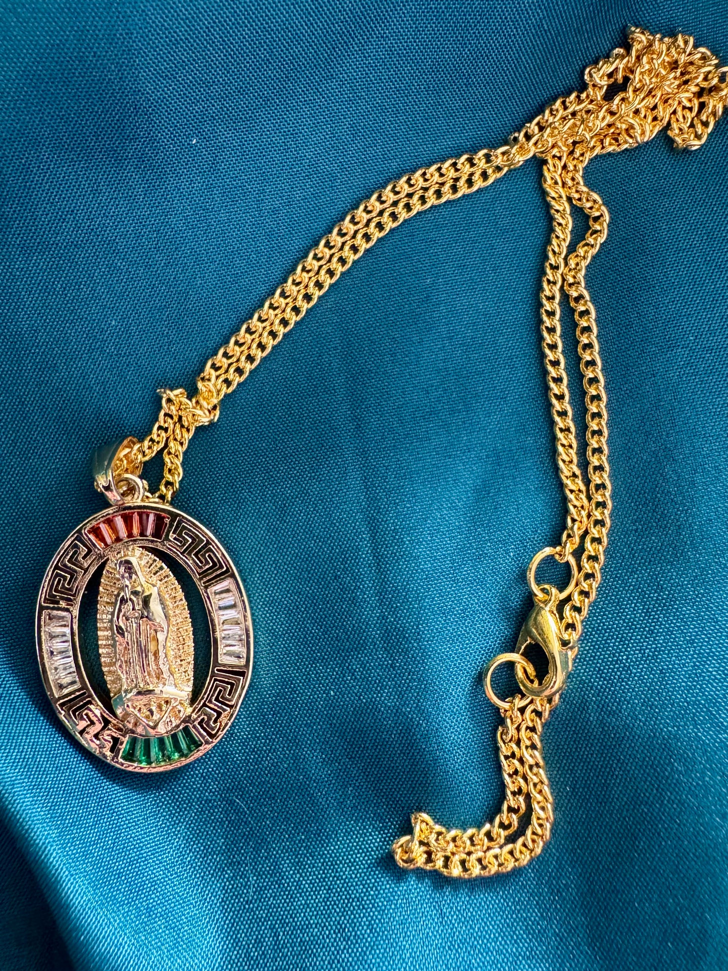 Our Lady of Guadalupe Necklace – Gold-Colored Metal with Red, White, and Green Accents