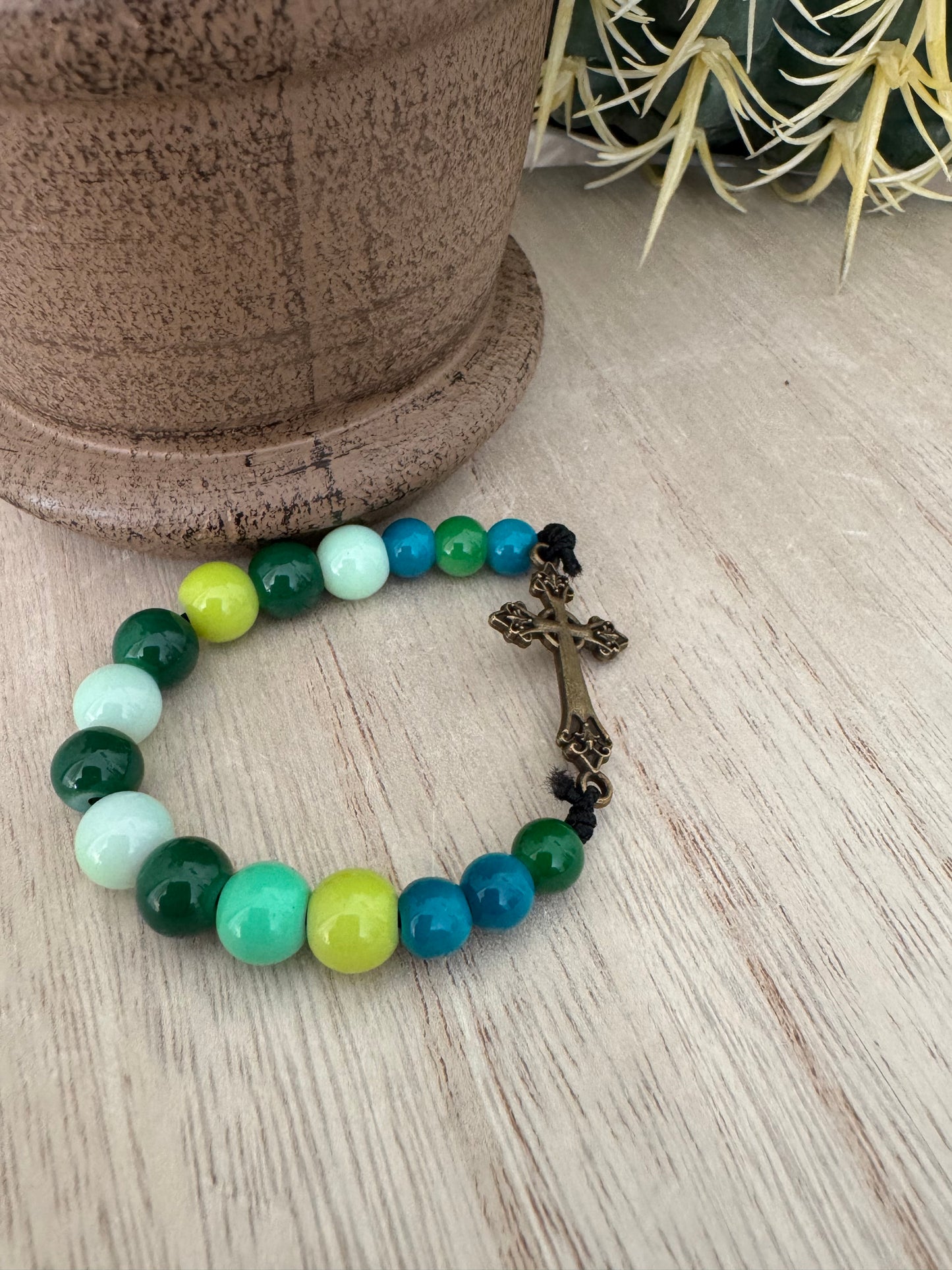 Small Green & Blue Beaded Bracelet with Bronze Cross
