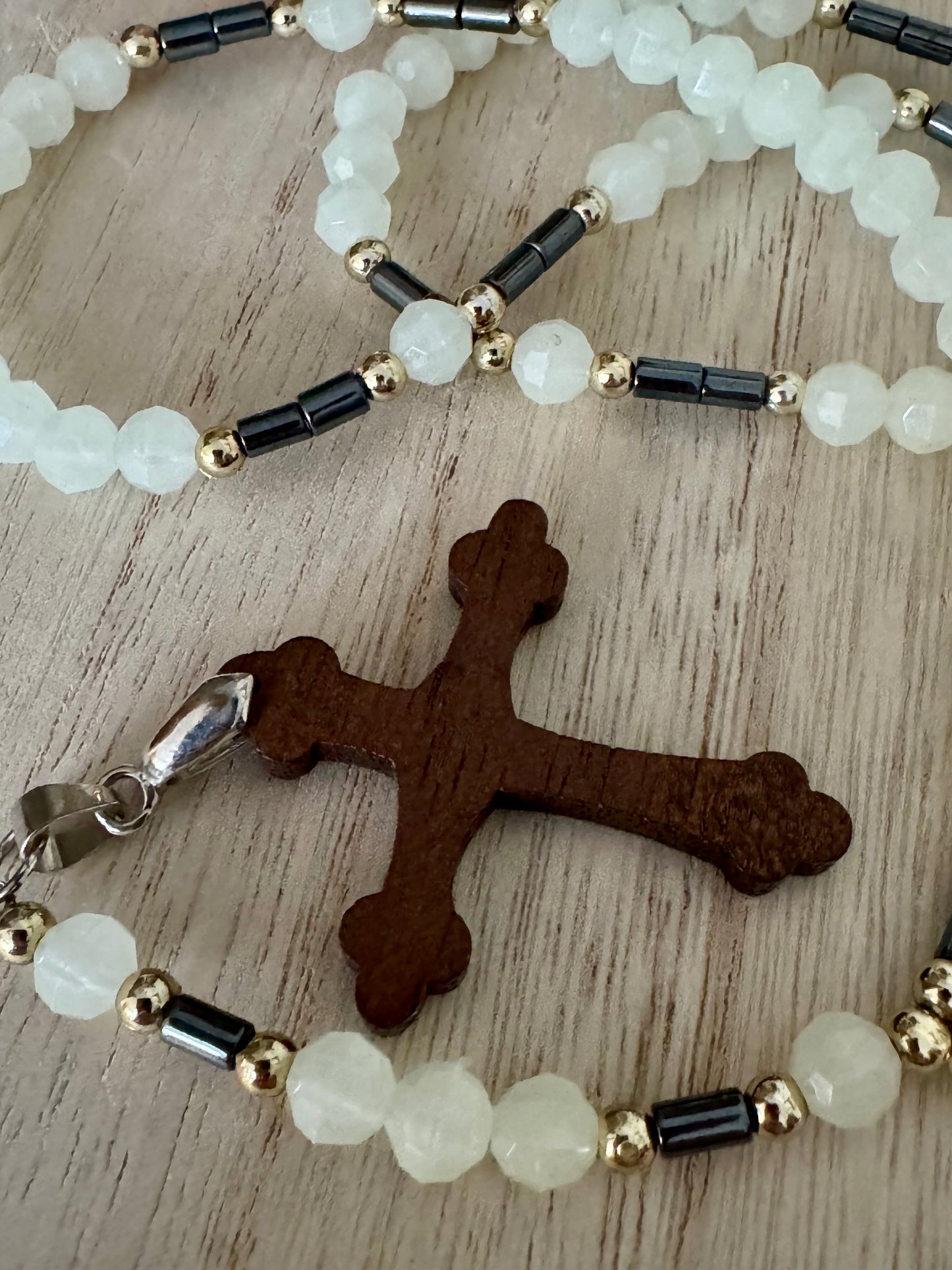 Handmade Plastic and Metallic Rosary with Wooden Cross
