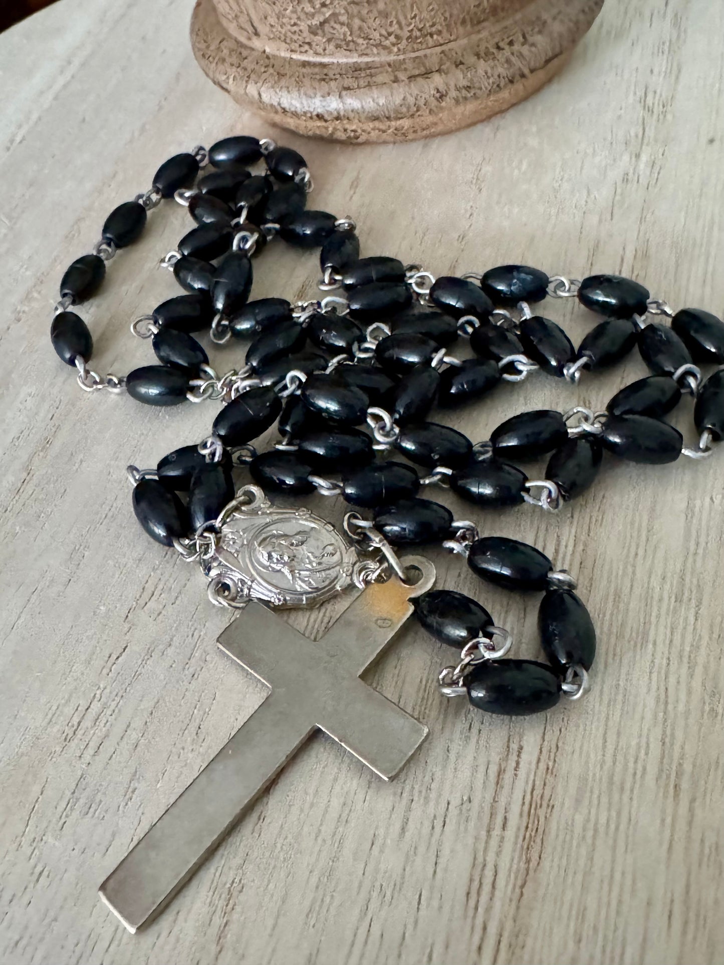 Classic Black Plastic Bead Rosary with Silver Center & Smooth Cross