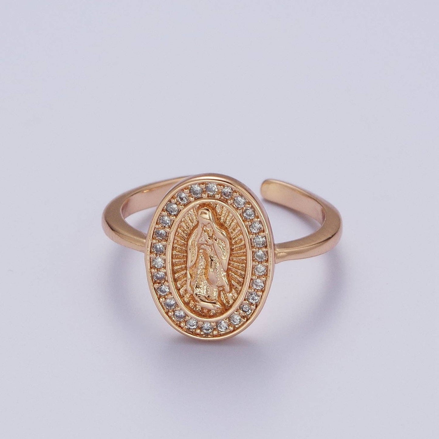 Micro Paved CZ 18K Gold Religious Oval Lady Guadalupe Adjustable