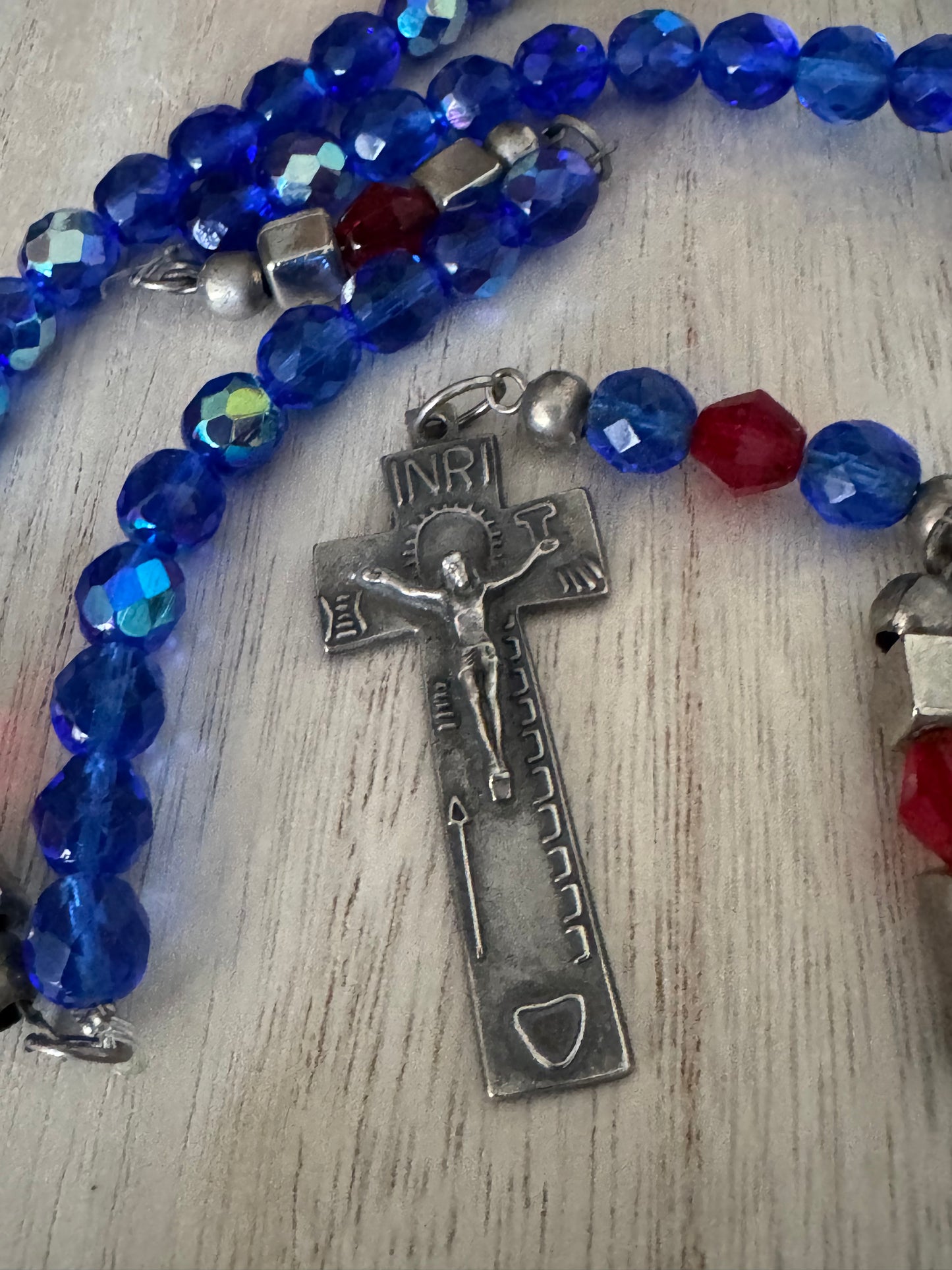 Handmade Metal Core Rosary with Blue Crystal-Like Beads and Vintage Crucifix – AS IS