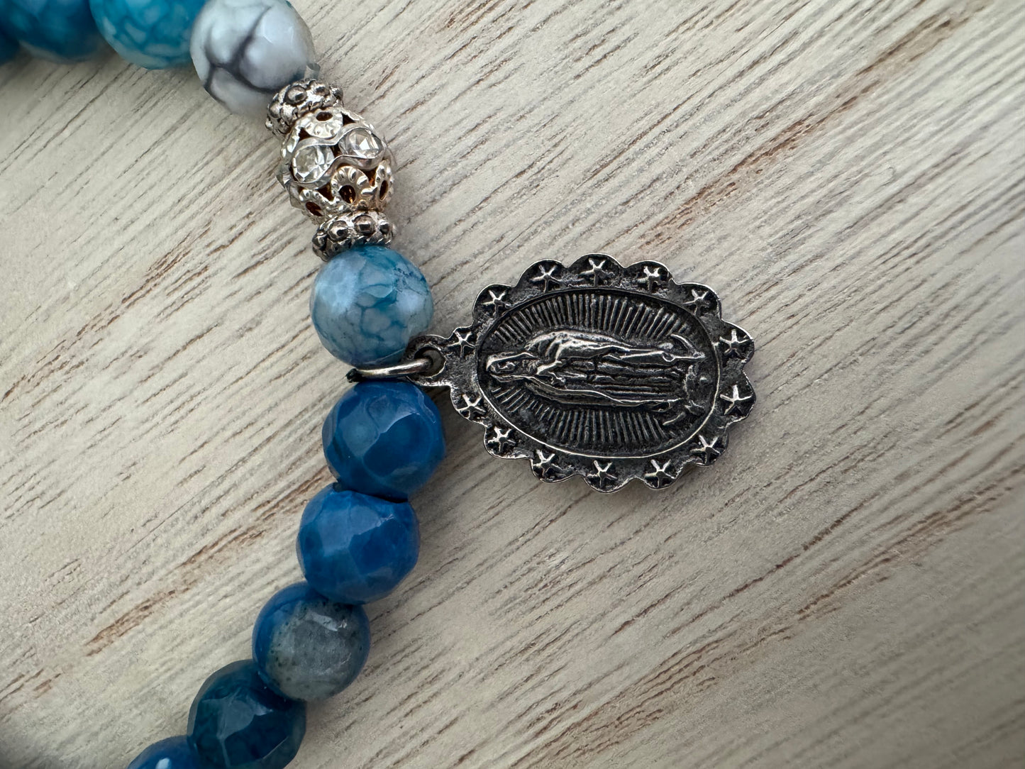 Blue Stone Stretch Bracelet with Our Lady of Guadalupe Charm