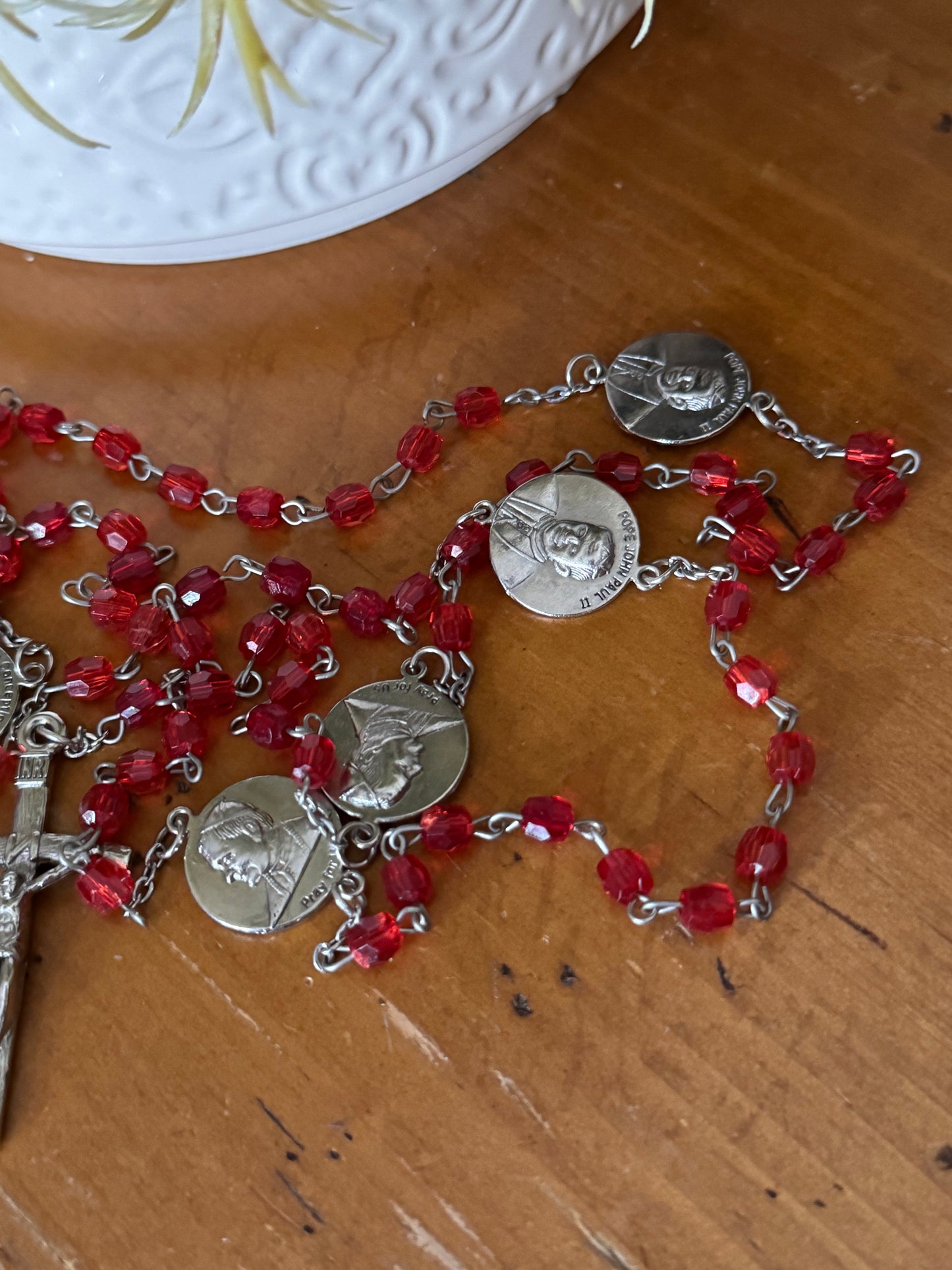 Red Plastic Bead Rosary with Pope John Paul II Centerpiece