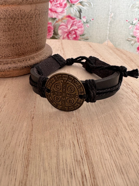 Leather Bracelet with St. Benedict Medal – Adjustable 1/2” Band – Catholic Religious Jewelry