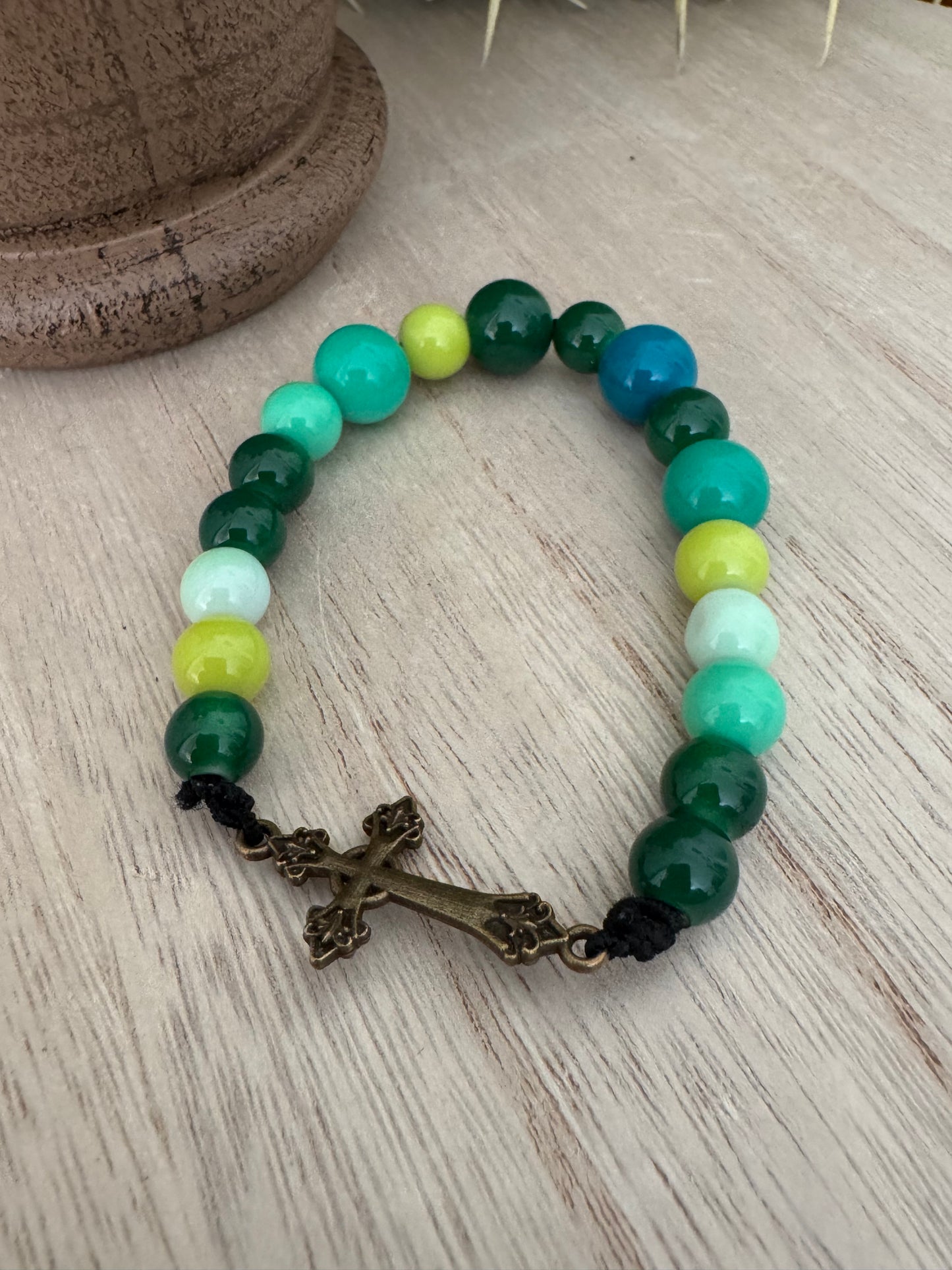 Fun & Funky Green & Blue Beaded Stretch Bracelet with Gold Cross – 7 Inches