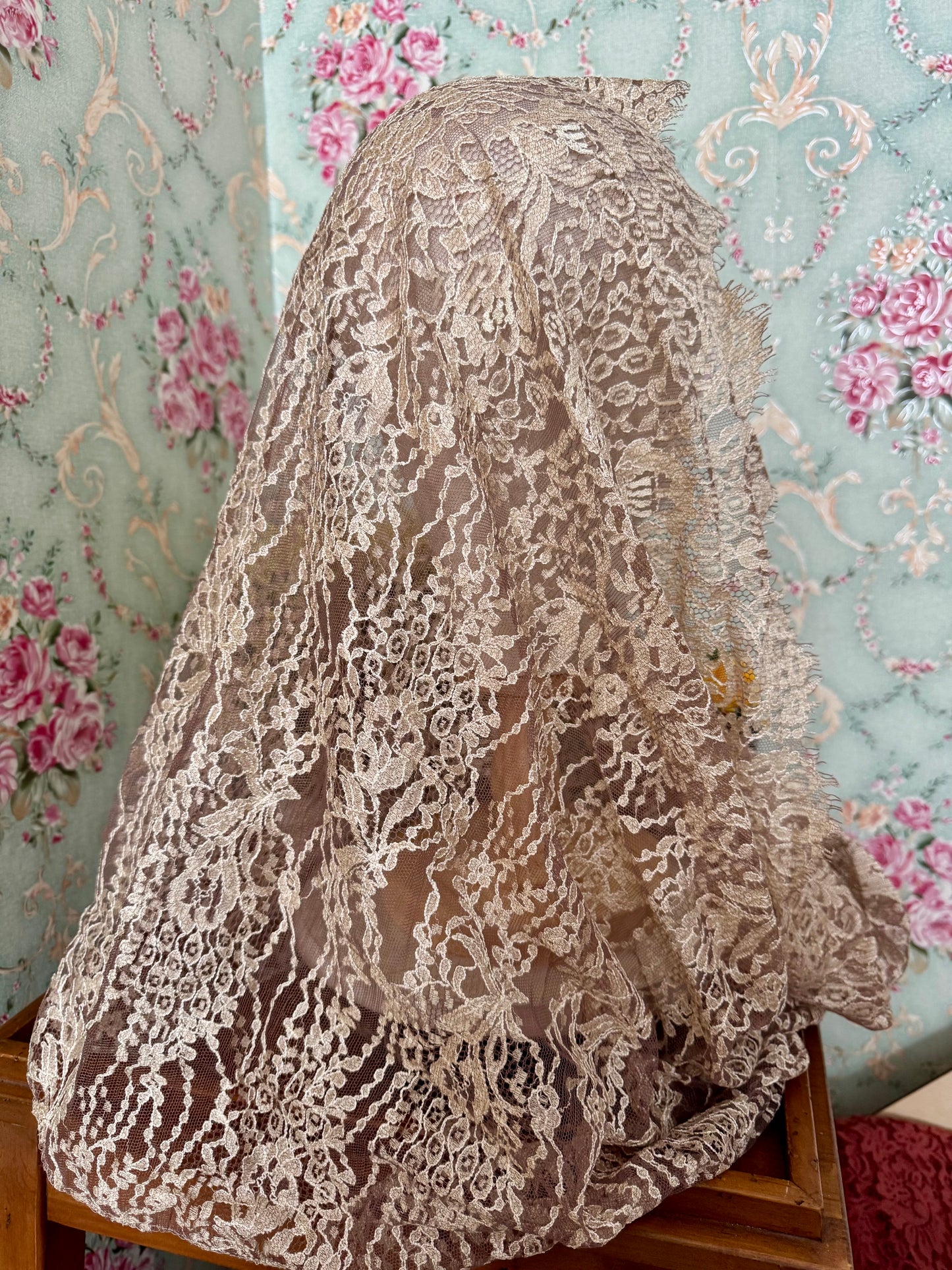Natural Infinity Veil or Mantilla • Italian Floral Mesh Lace • Lightweight • No Clip