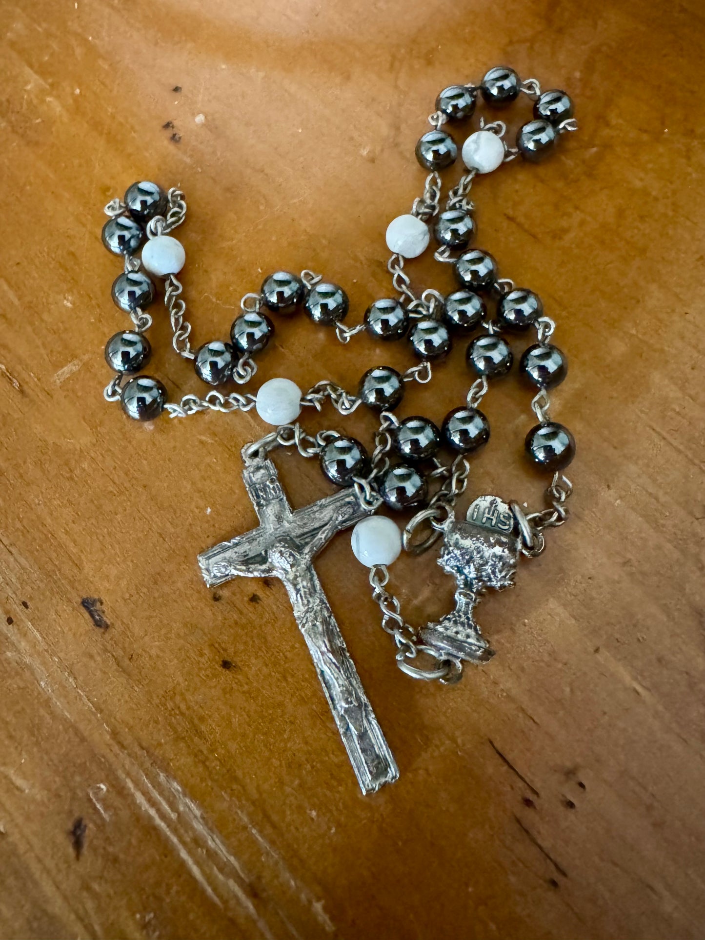 Shortened Rosary, Five Hail Mary Beads, with Vintage Centerpiece and Crucifix
