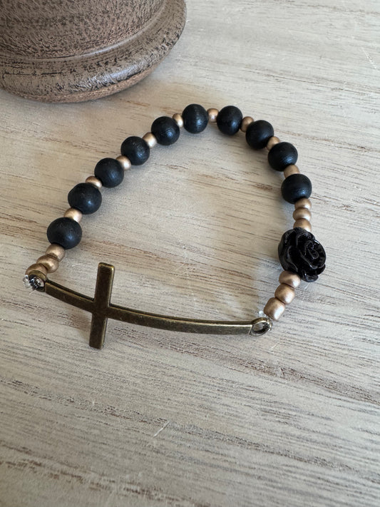 Black Wood Rosary Bracelet with Gold Seed Bead Accents and Bronze Cross