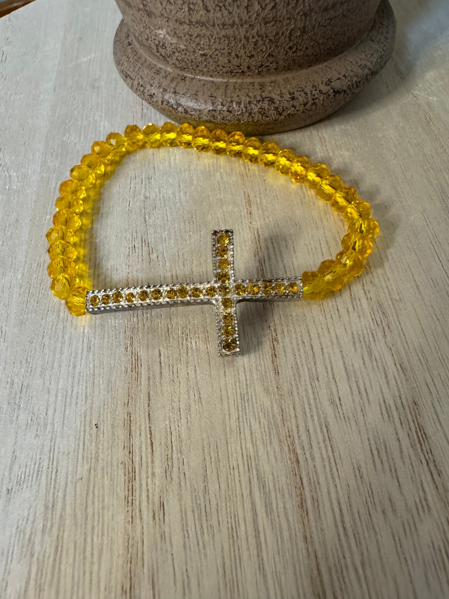 Sunlit Faith Stretch Bracelet – Yellow Crystal Beads with Rhinestone Cross