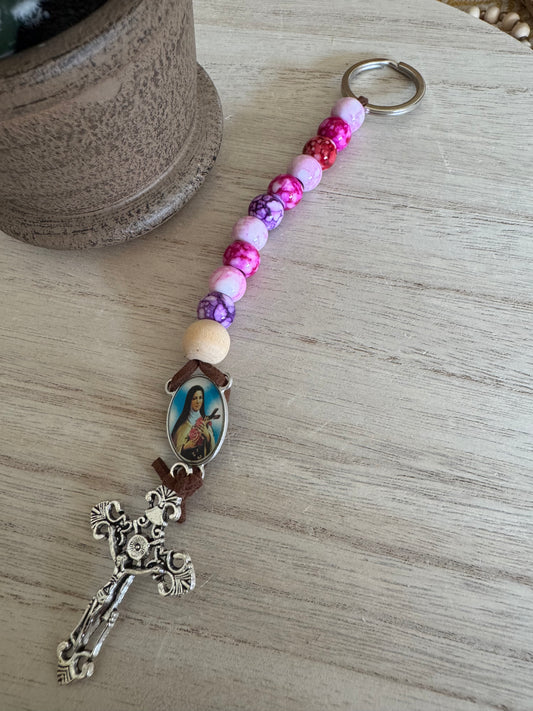 Rosary Keychain with St. Thérèse of Lisieux and Silver Crucifix