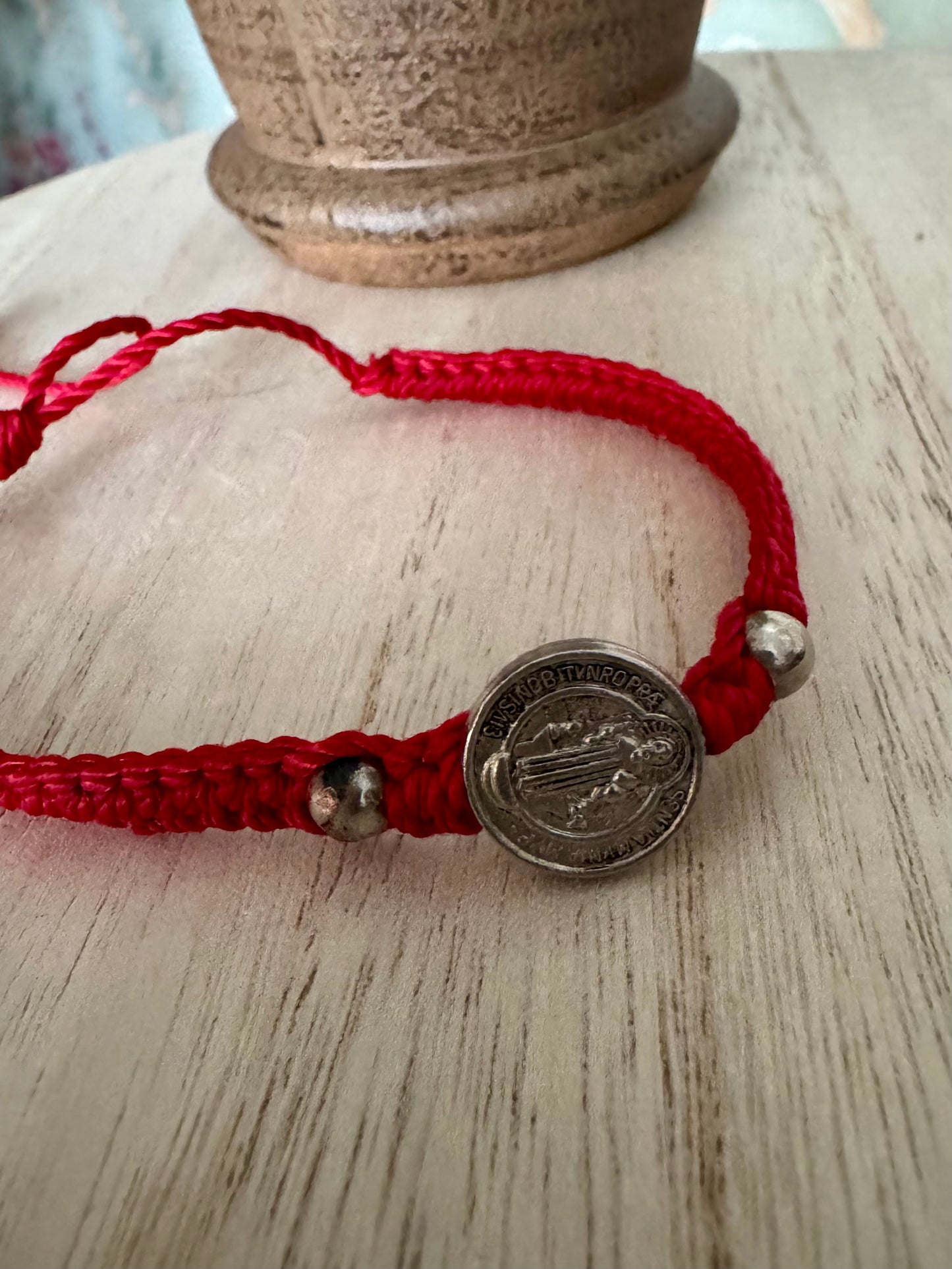 Adjustable Red Braided Bracelet with St. Benedict Medal