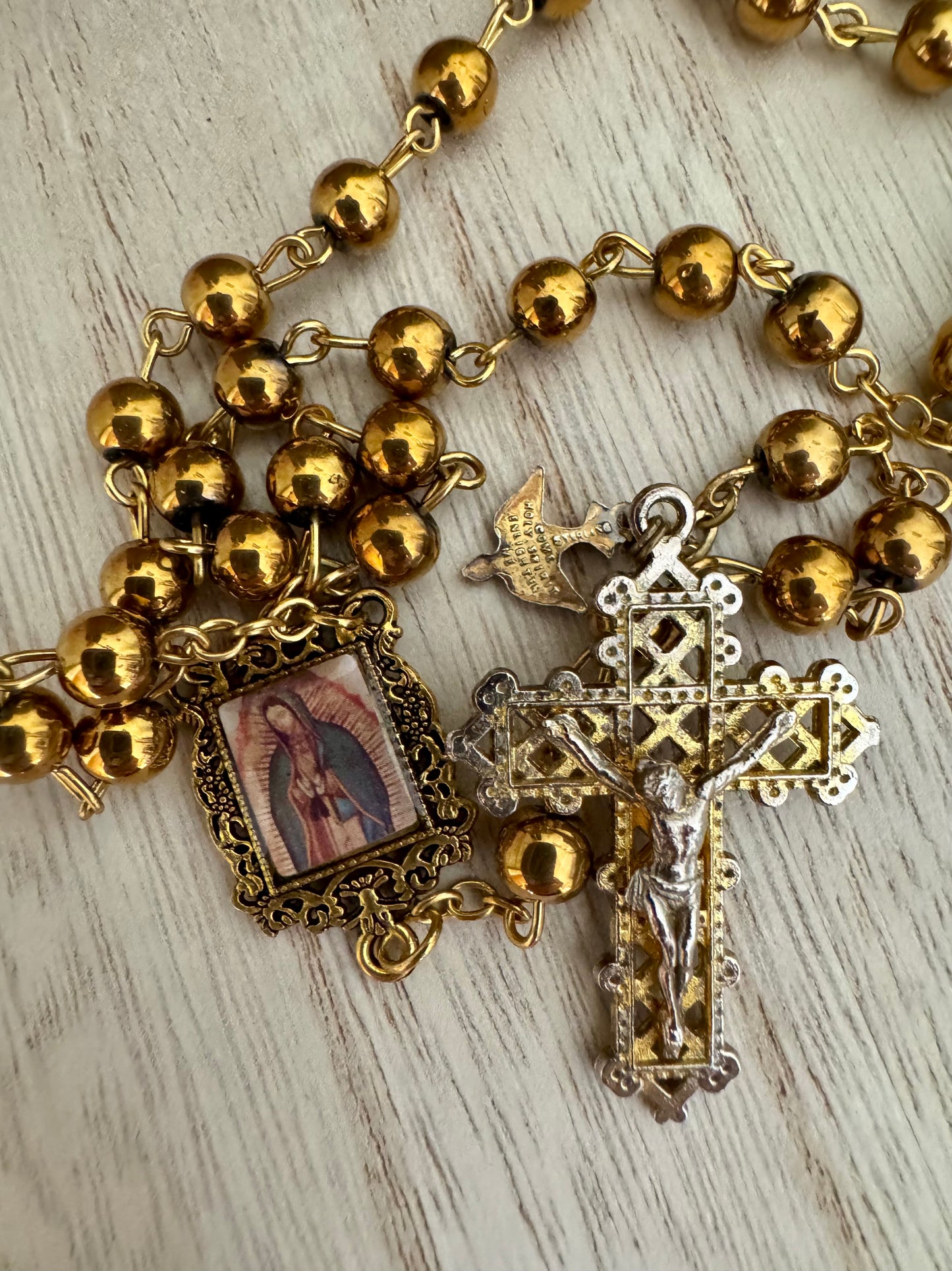 Gold-Colored Rosary – Our Lady of Guadalupe Centerpiece – 20"