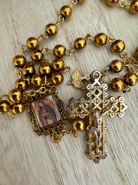 Gold-Colored Rosary – Our Lady of Guadalupe Centerpiece – 20"