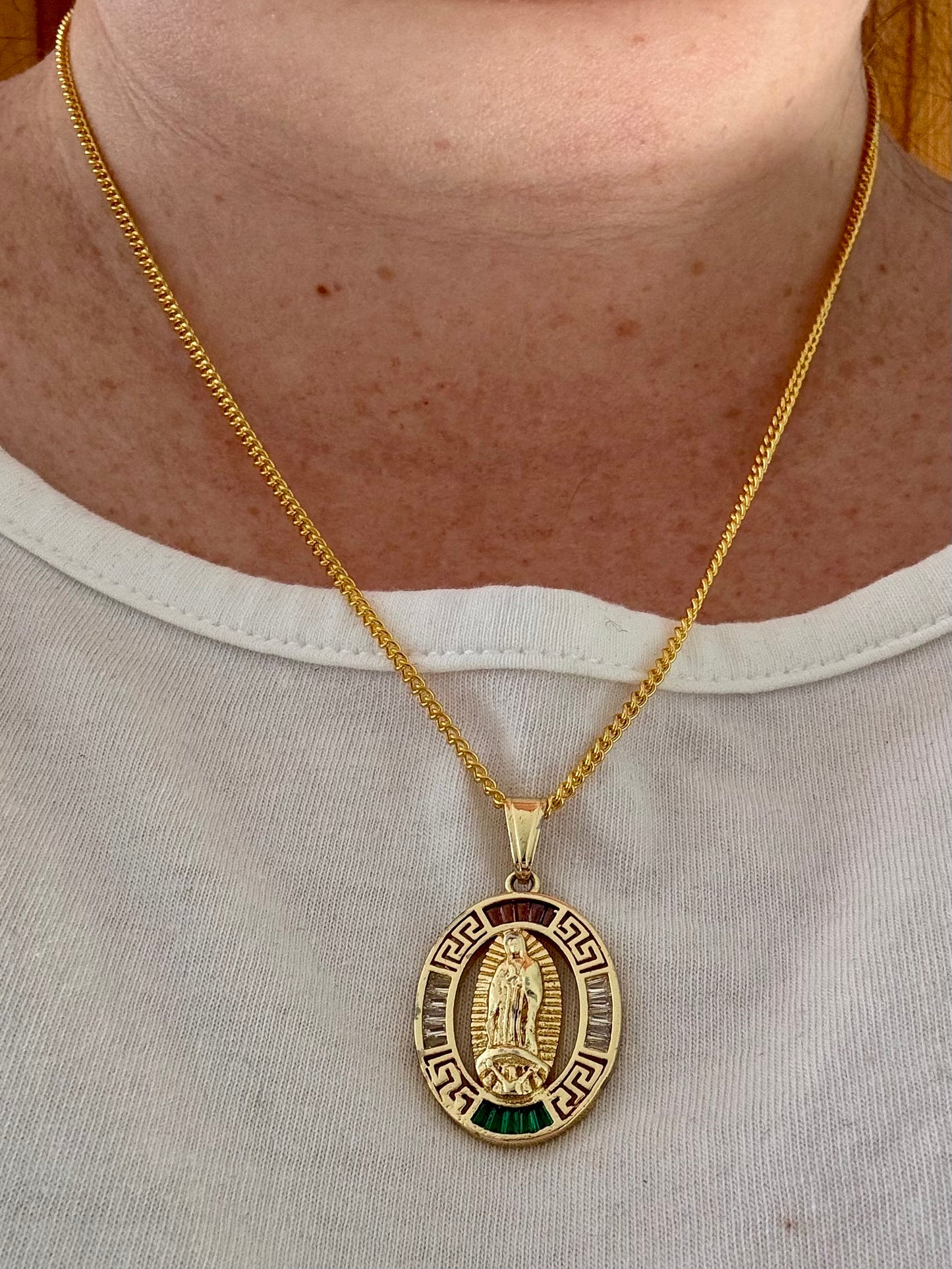 Our Lady of Guadalupe Necklace – Gold-Colored Metal with Red, White, and Green Accents