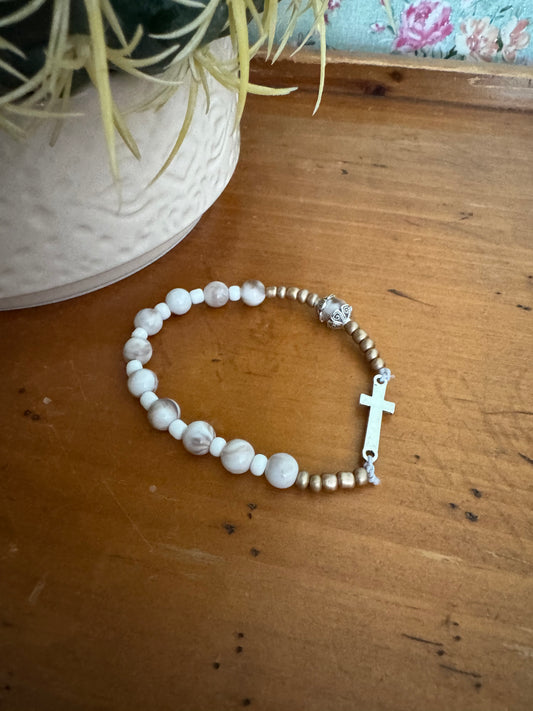 Handmade White Acrylic Rosary Bracelet with Gold Spacers & Silver Cross