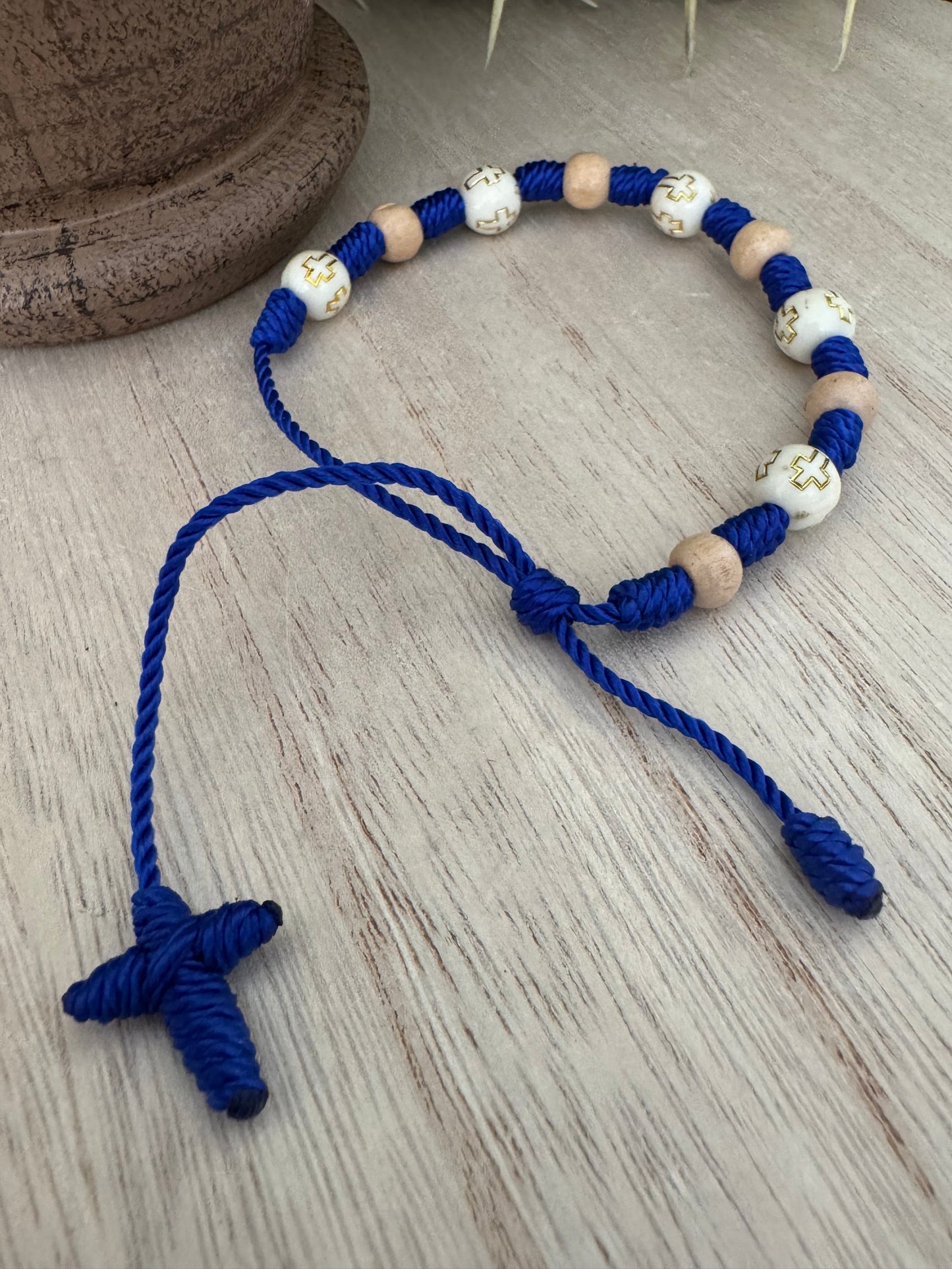 Adjustable Blue Cord Bracelet with Cross Beads