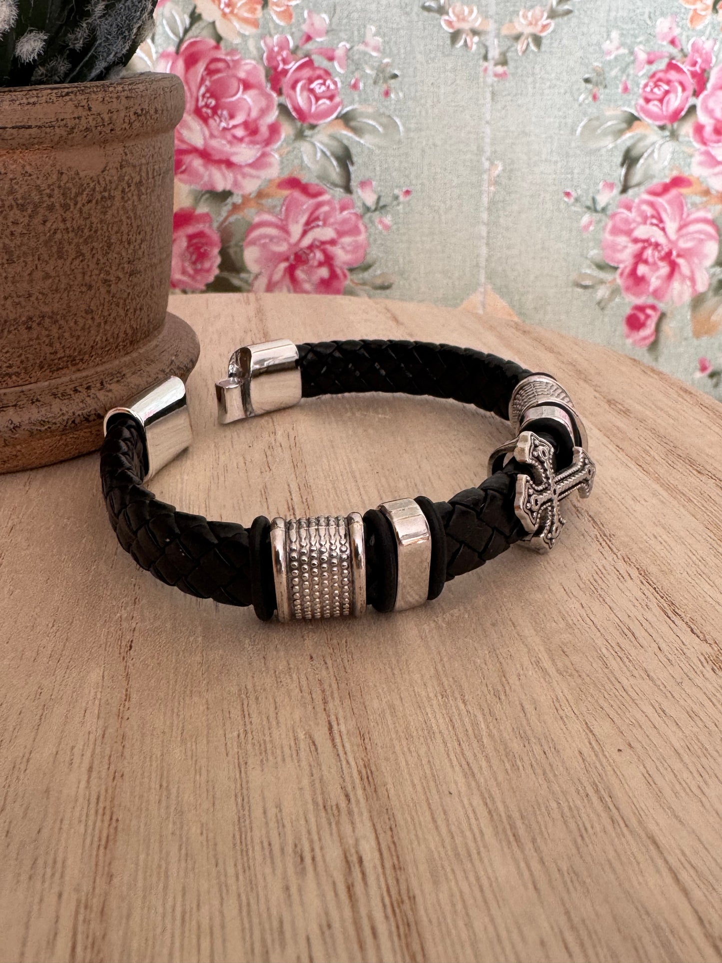 Men’s Braided Faux Leather Bracelet with Magnetic Clasp – Silver Charms & Cross – 8.5”