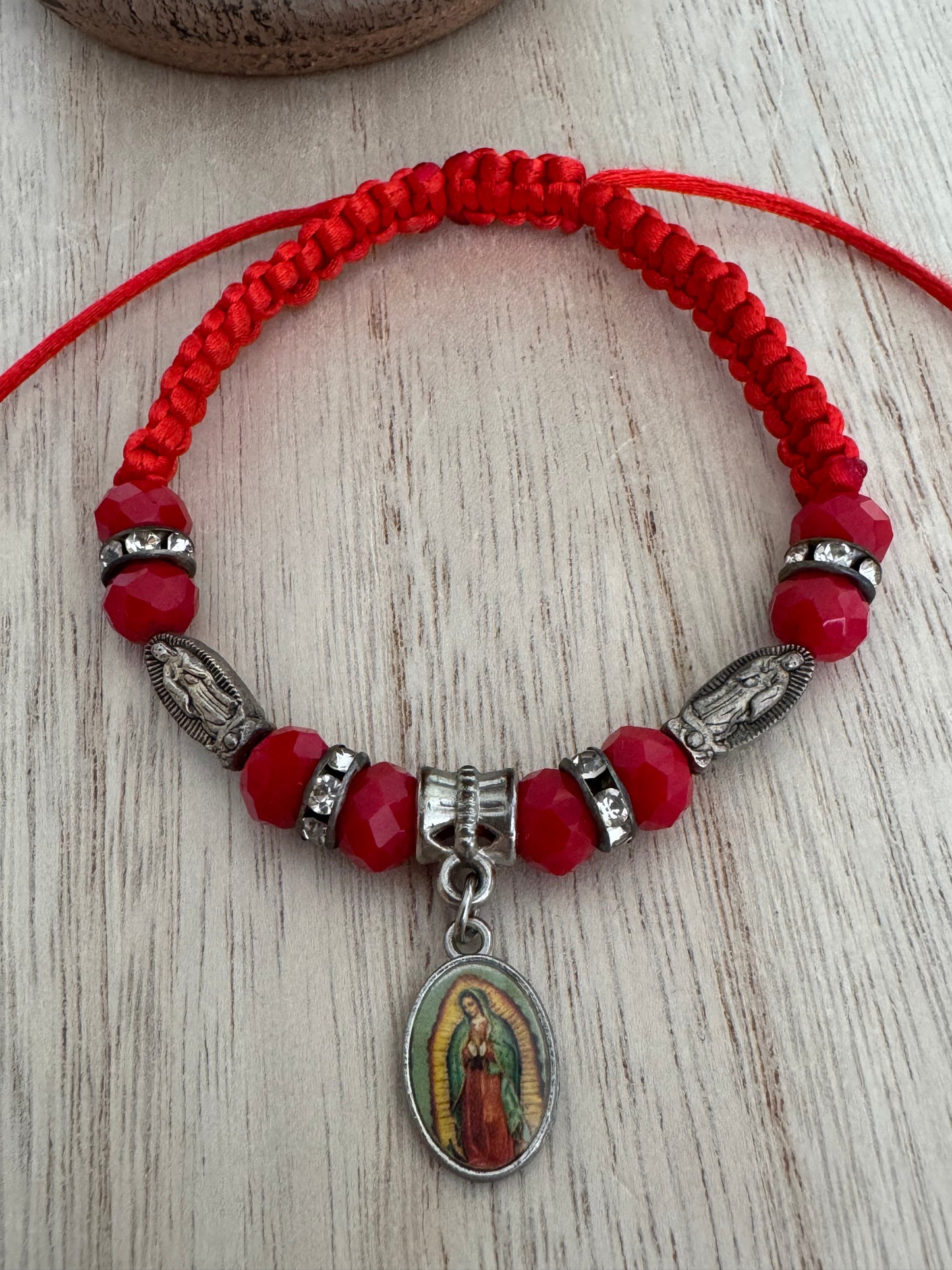 Our Lady of Guadalupe Adjustable Red Braided Bracelet – Silver Accents & Charm – Catholic Jewelry