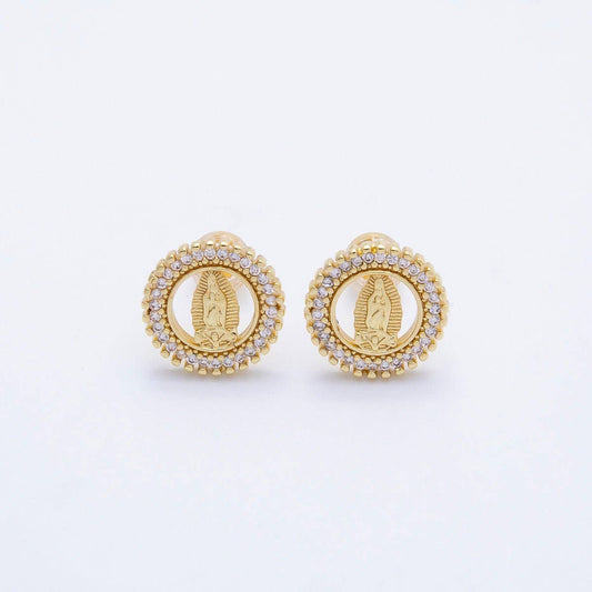 Mother Mary 16K Gold-Filled CZ Religious Stud Earrings