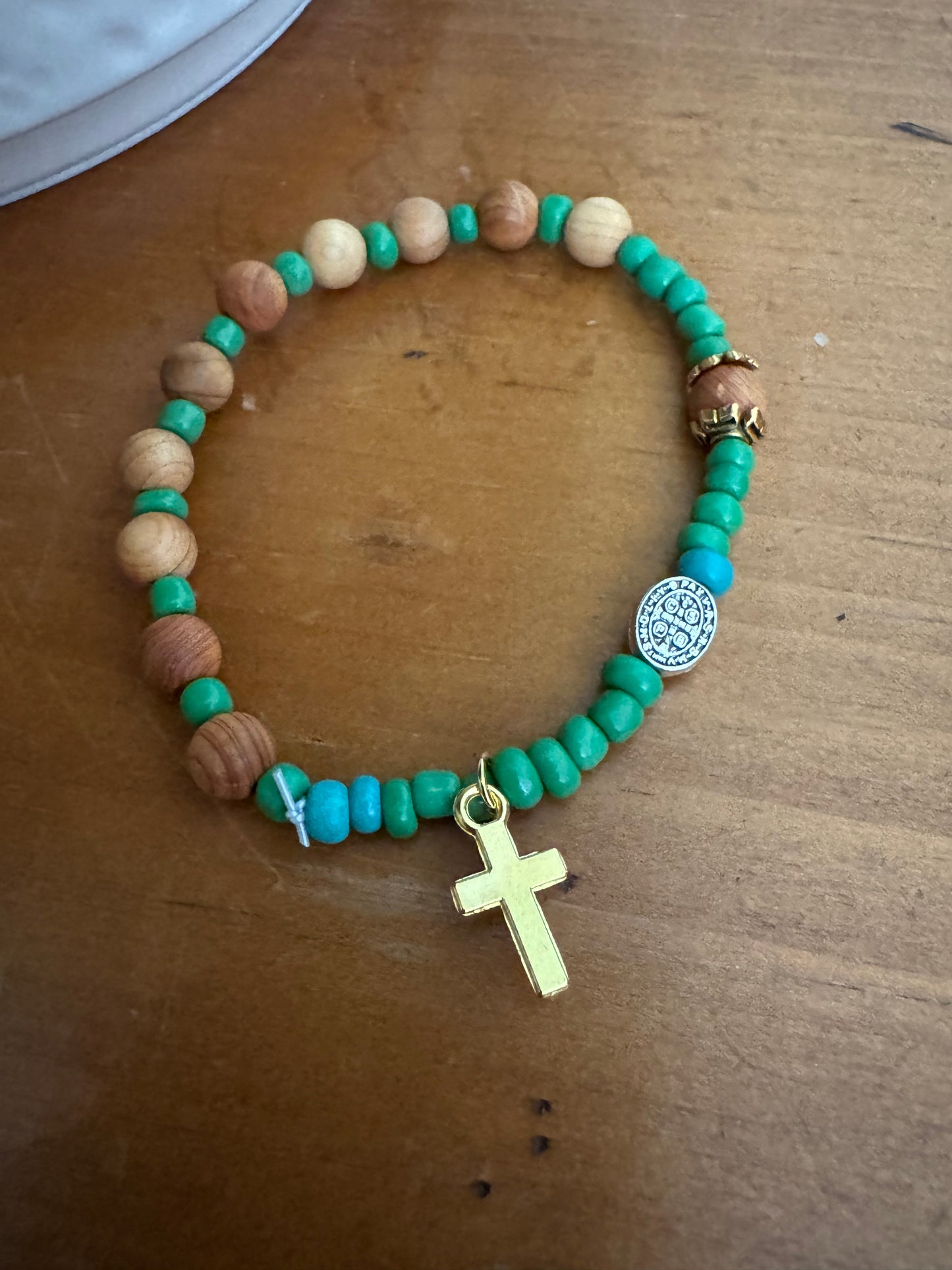 Handmade Light Wood Rosary Bracelet with Green Spacers & St. Benedict Medal